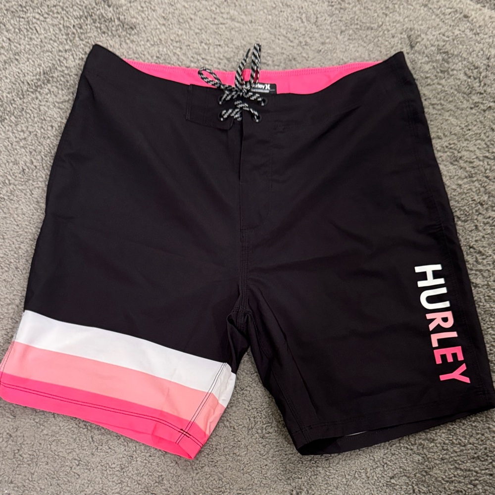 Hurley Black Shorts with Pink and White Stripes
